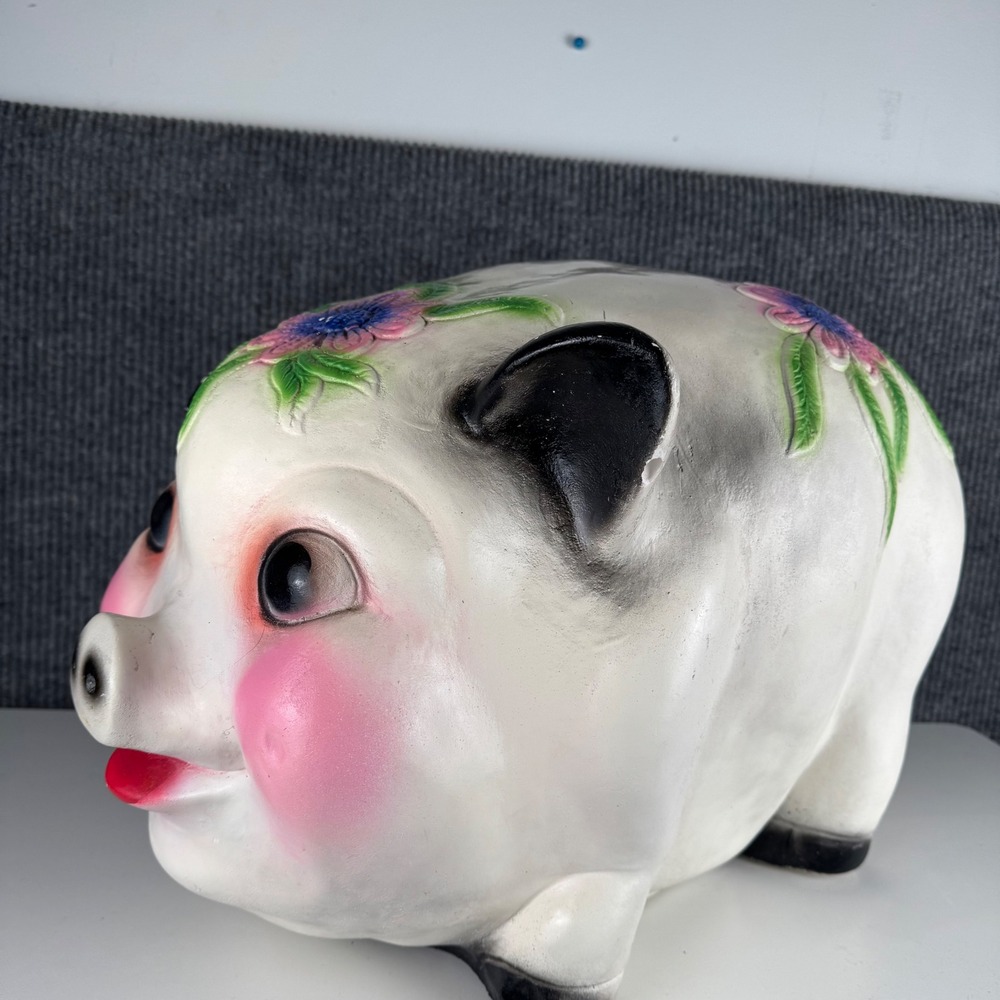 Vintage Large Ceramic Piggy Bank White Pink Floral Hand Painted MCM Kitsch XXL - Picture 5 of 15